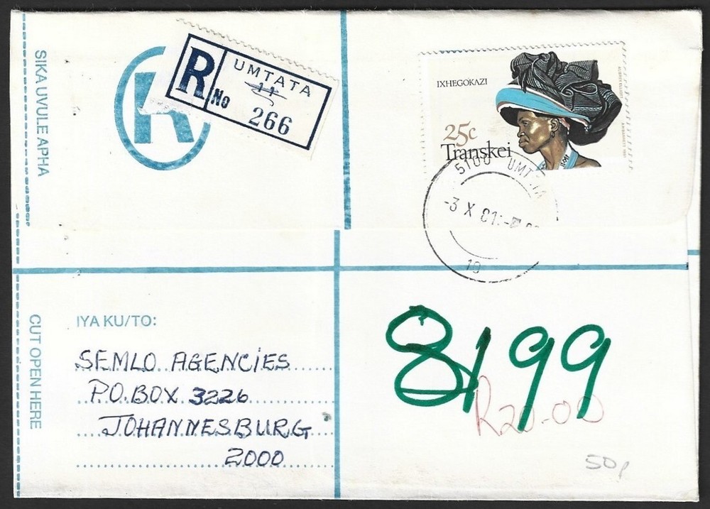 Transkei 25c Headgear on formular registered envelope used 1981 UMTATA