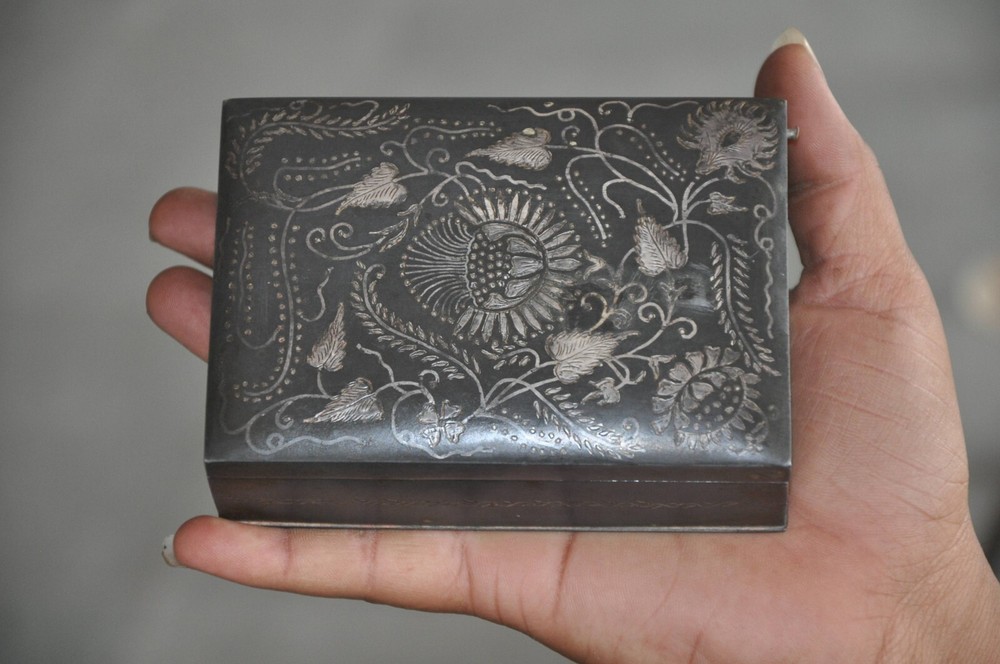 Vintage Iron Silver Bidri Work Rectangular Fine Quality Jewellery Box,