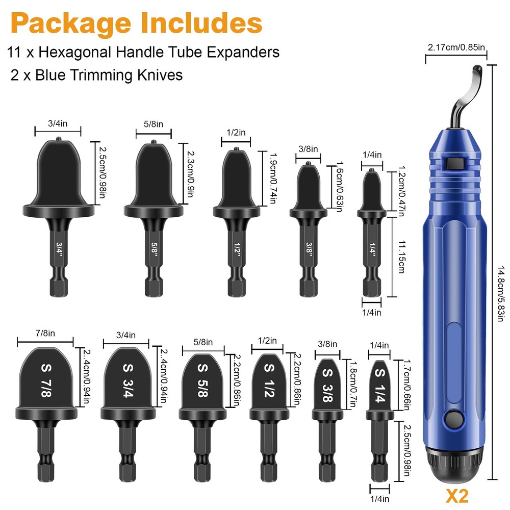 13x 1/4"-3/4" HVAC Swaging Tool Drill Bit Copper Pipe Expander Deburring Scraper