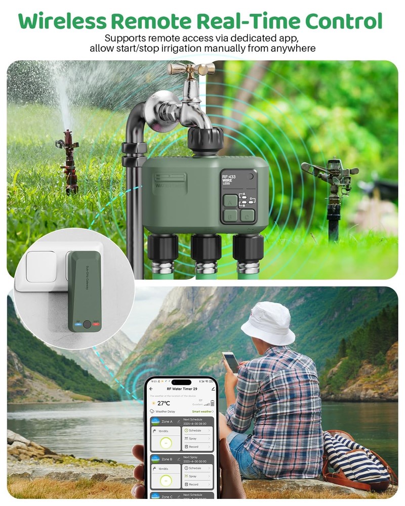 3Zone Smart Sprinkler Timer WiFi + 984ft RF, App & Voice Control, Rain Delay