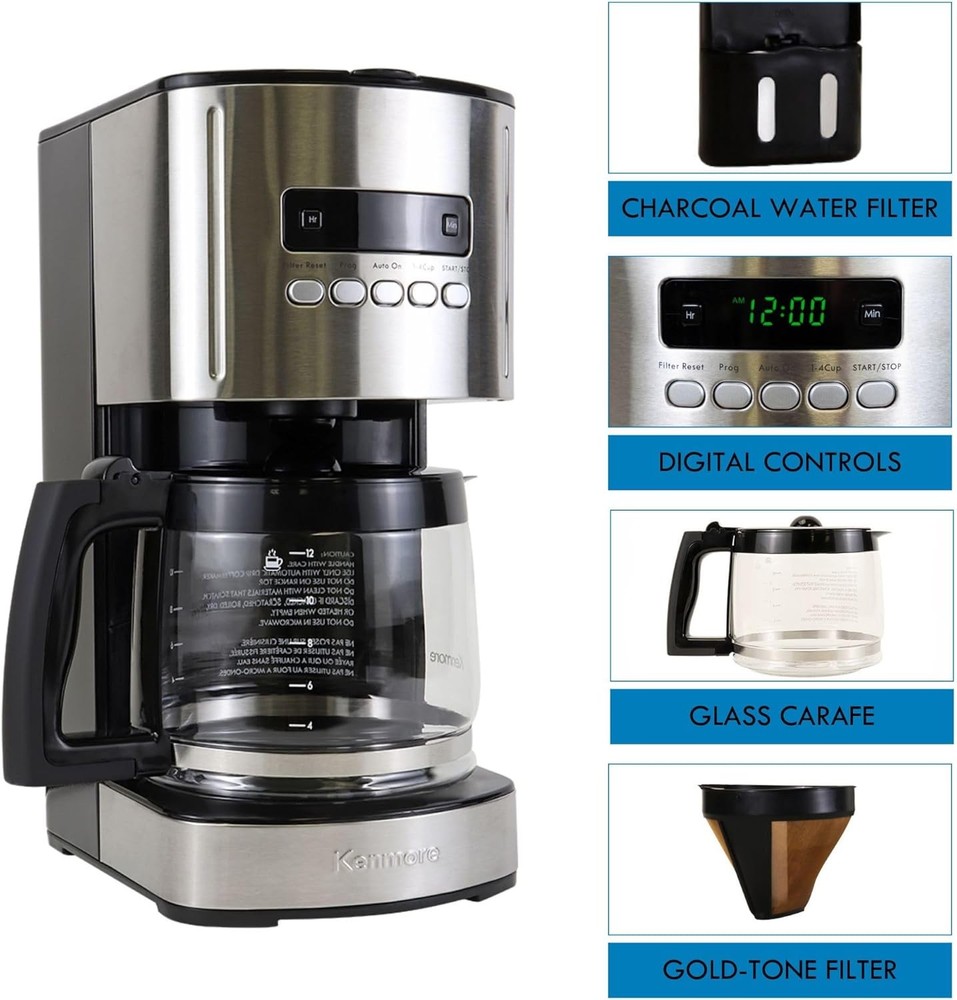 Kenmore Drip Coffee Maker - 12 Cup Programmable Cafe Machine With Glass Black