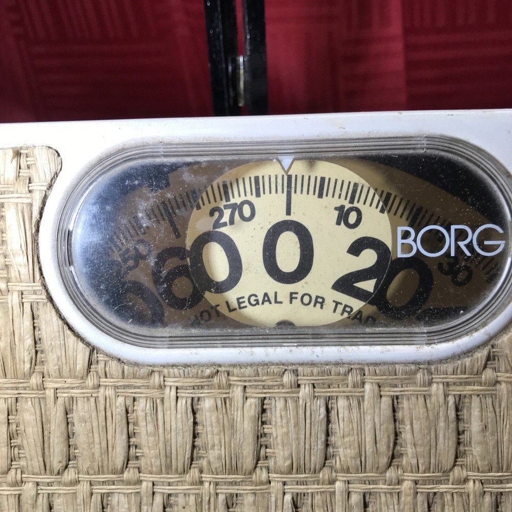 Vtg White Bathroom Scale Borg ~ Rattan Woven Pattern ~ Works