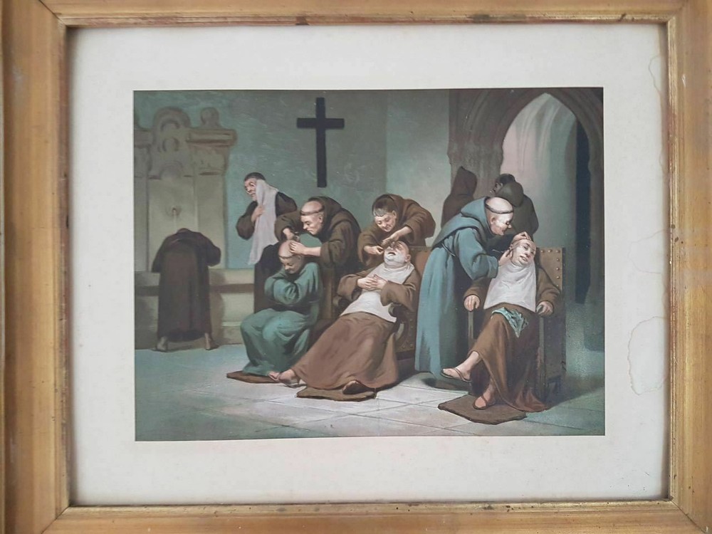 Old Engraving "Religious Scene" Monks