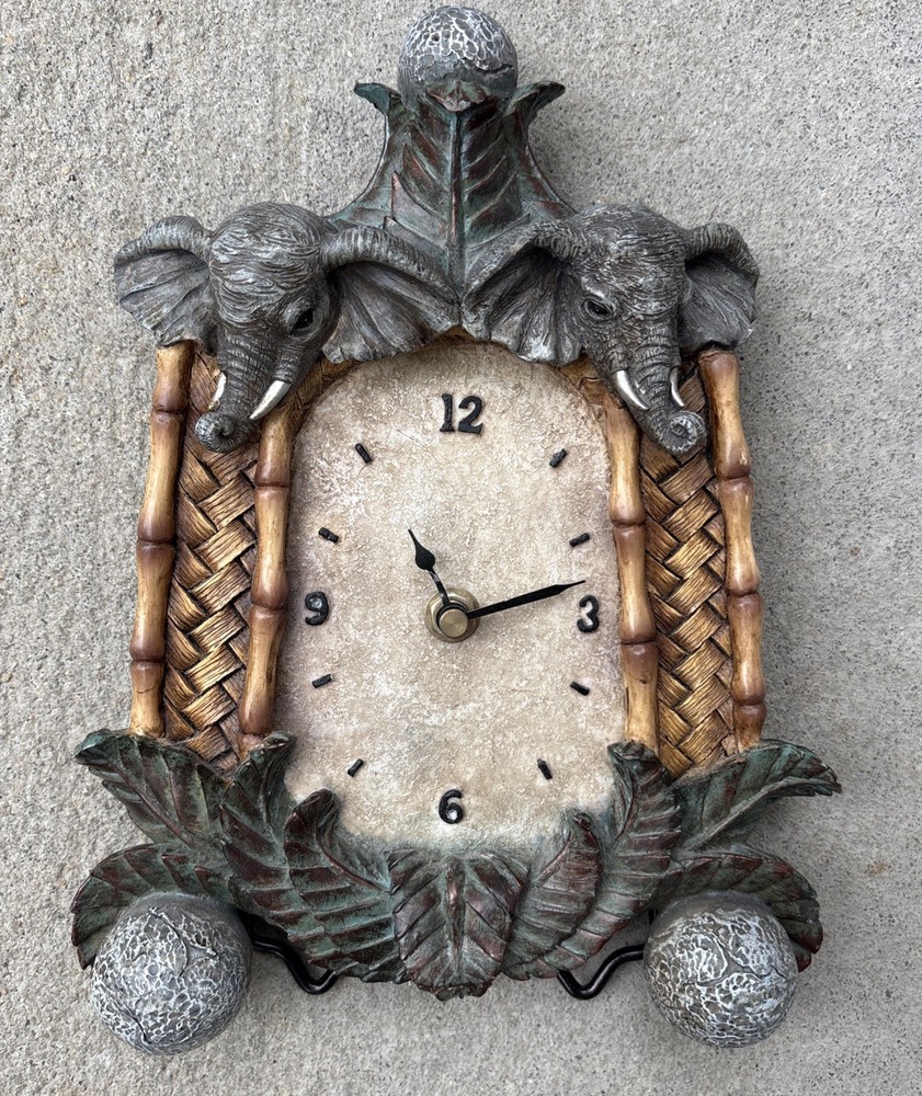 Elephant Safari Bamboo Rustic Jungle Table Ceramic Clock Decor Boho Stone