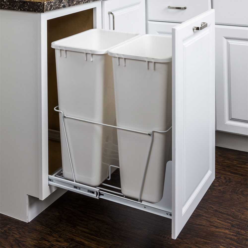 50 Quart White Double Can Kitchen Cabinet Pullout Trash Can System Bottom Mount
