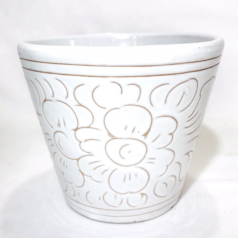 Vintage Italian Sgraffito Pottery Planter Monochromatic 5" Signed