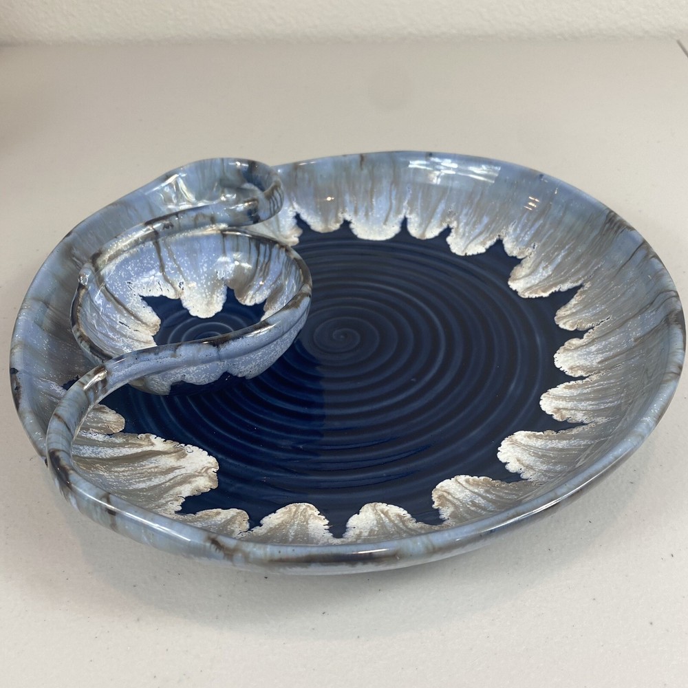 Ceramic Chip and Dip Platter Unique Blue Pottery Serving Dish