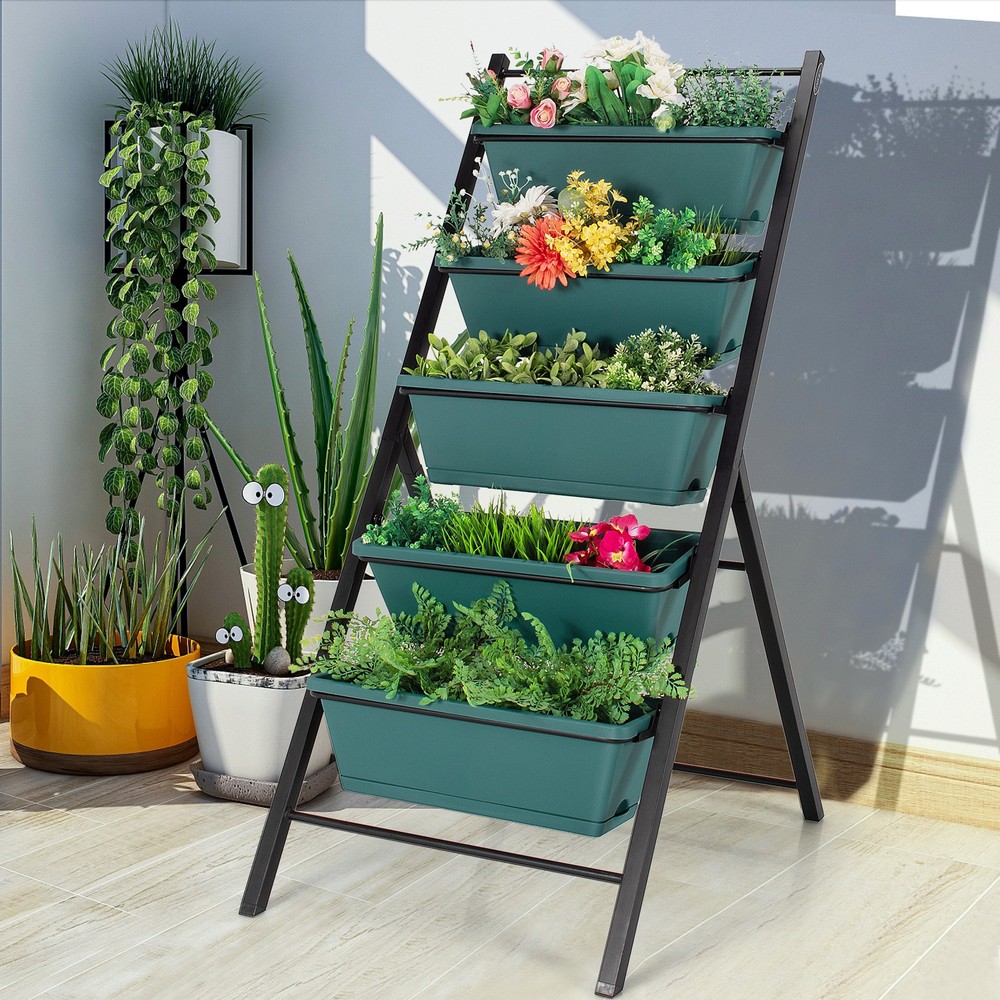 5-tier Vertical Garden Planter Box Elevated Raised Bed w/5 Container Green
