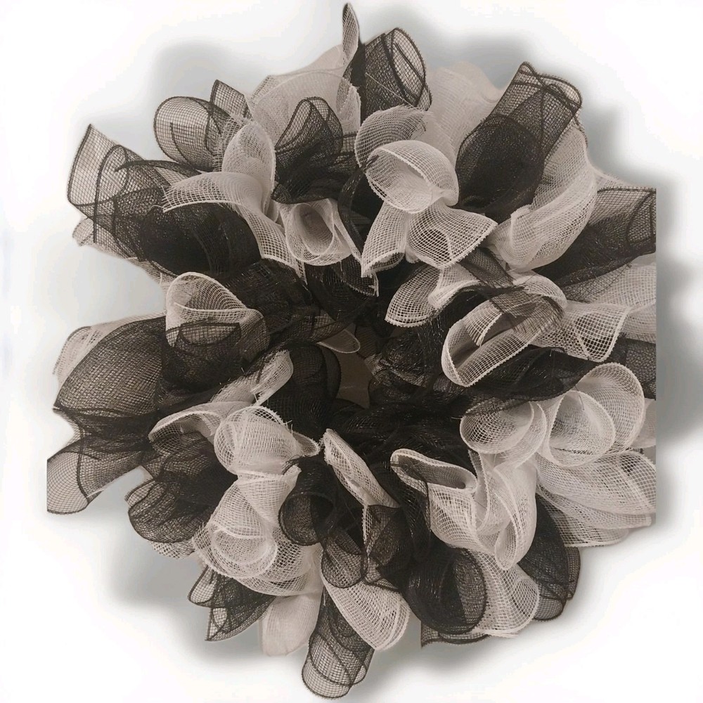 Black and White Fabric Mesh Wreath .