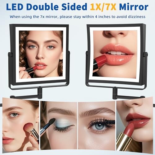 Rechargeable Wall Mounted Makeup Mirror with Lights, Double Sided Matte Black