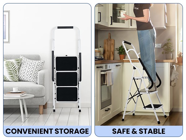 3 Step Ladder with Hankdrails, Portable Folding Step Stool with Safety