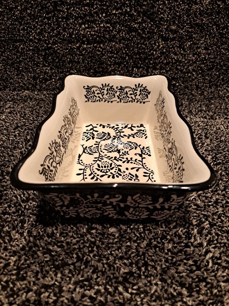 Stoneware Bread Pans, 2 Sizes - B&W Floral Pattern Glazed Ceramic Bakeware Set