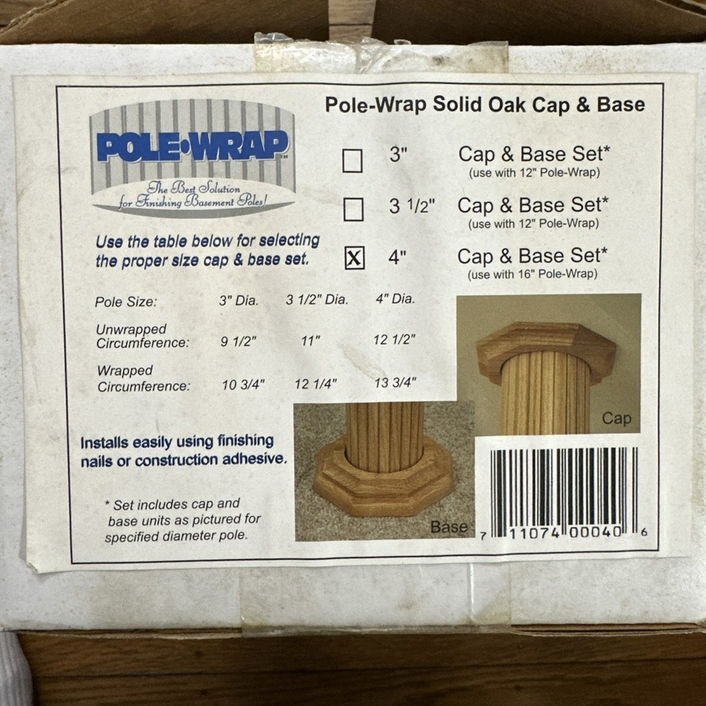NEW Pole Wrap 4" Basement Column Base & Cap Set Unfinished Solid Oak 85CB40