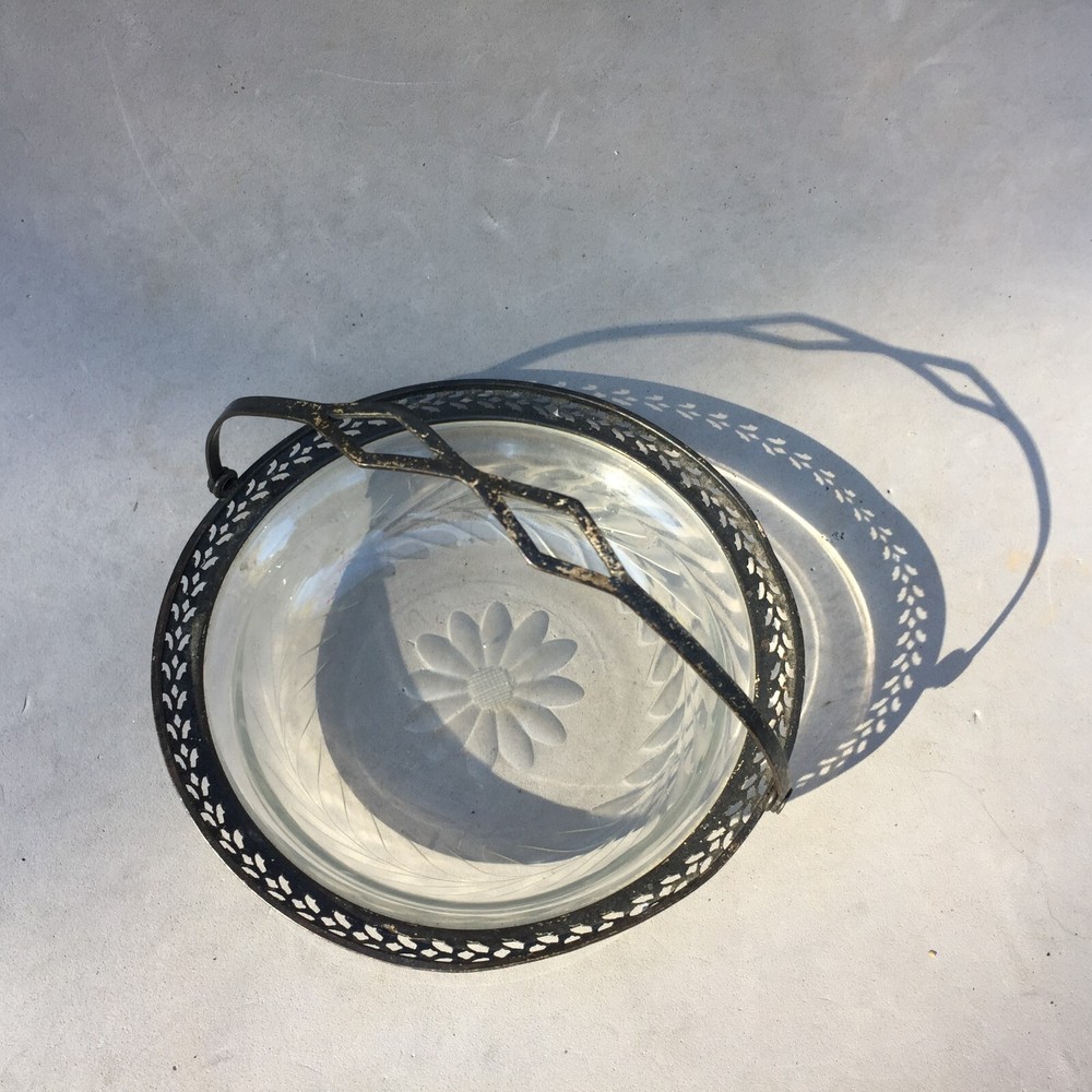 Webster Antique Sterling Silver Cut Glass Basket Candy Dish Folding Handle 5"