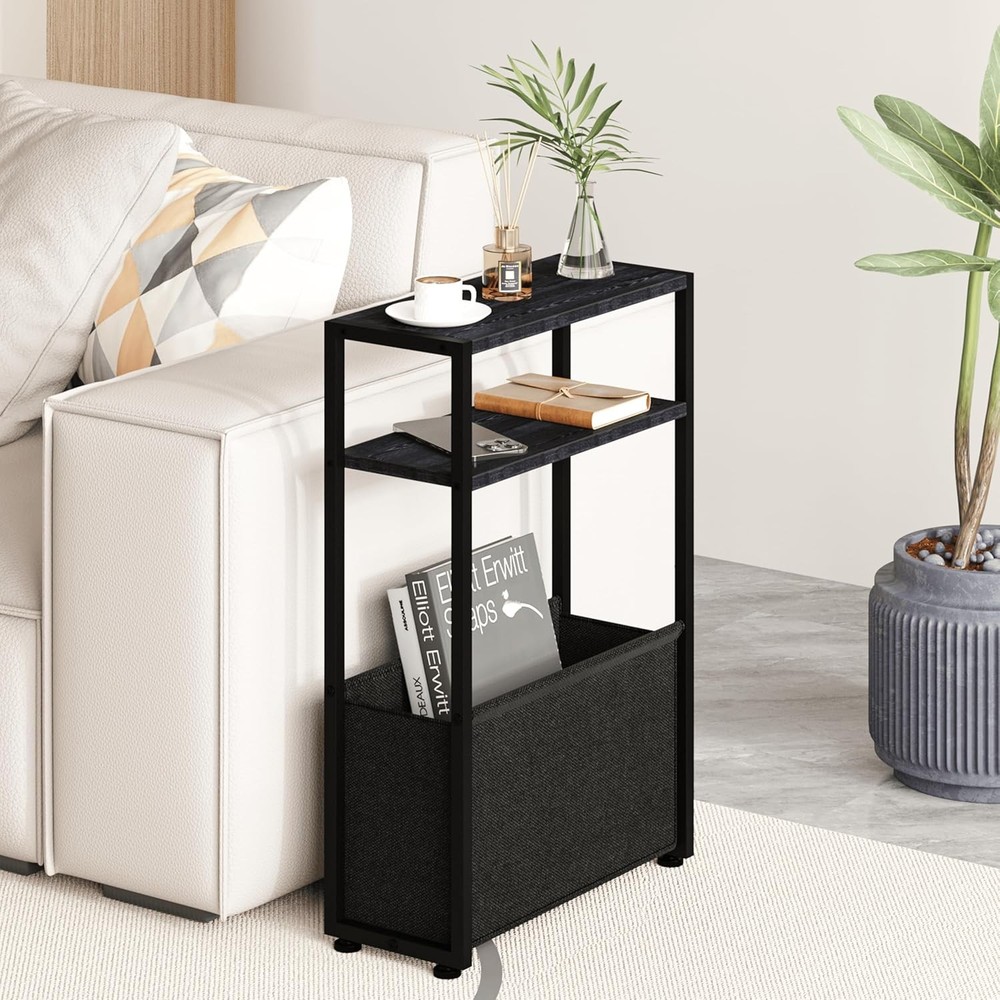 Black Side Table, Slim Side Table with Magazine Rack, Bathroom Table