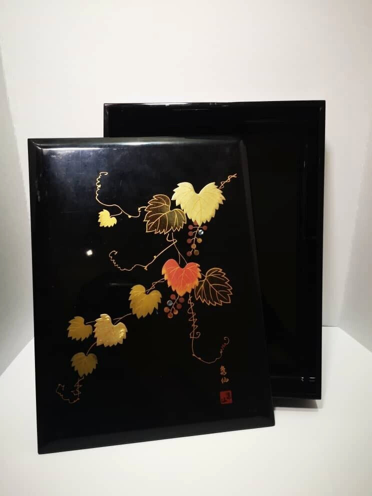 Japanese Lacquered Floral Design Letter Box Storage Box Lacquerware