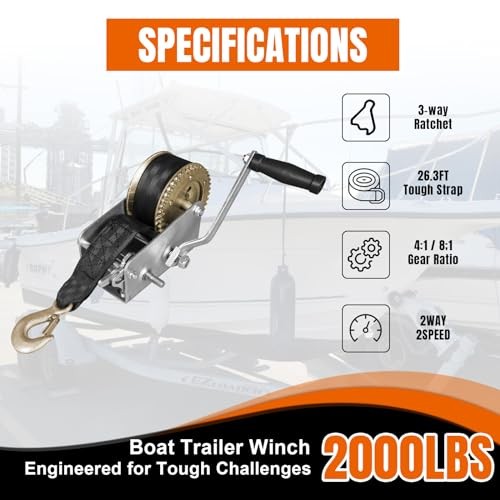 Hand Winch Pulling Capacity, Boat Trailer Winch Heavy Duty Rope Crank 2000 lbs