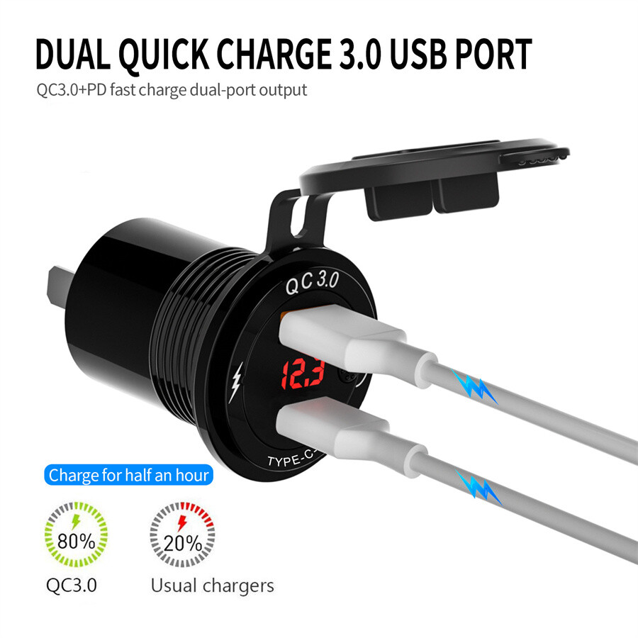 USB Type-C Car Phone Charger Socket Fast Charging Outlet Adapter W/Power Switch