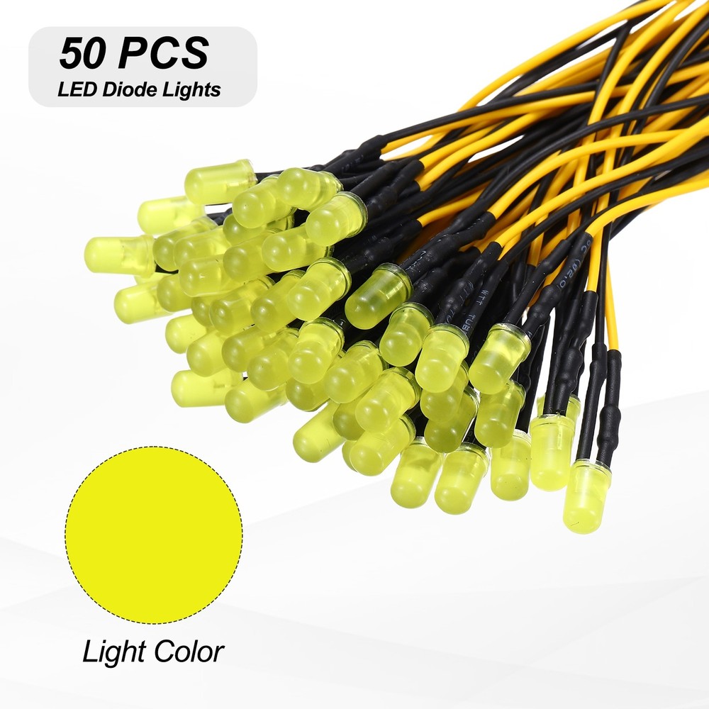 50pcs 5mm LED Diode Lights, Yellow Light DC 12V for Electronics