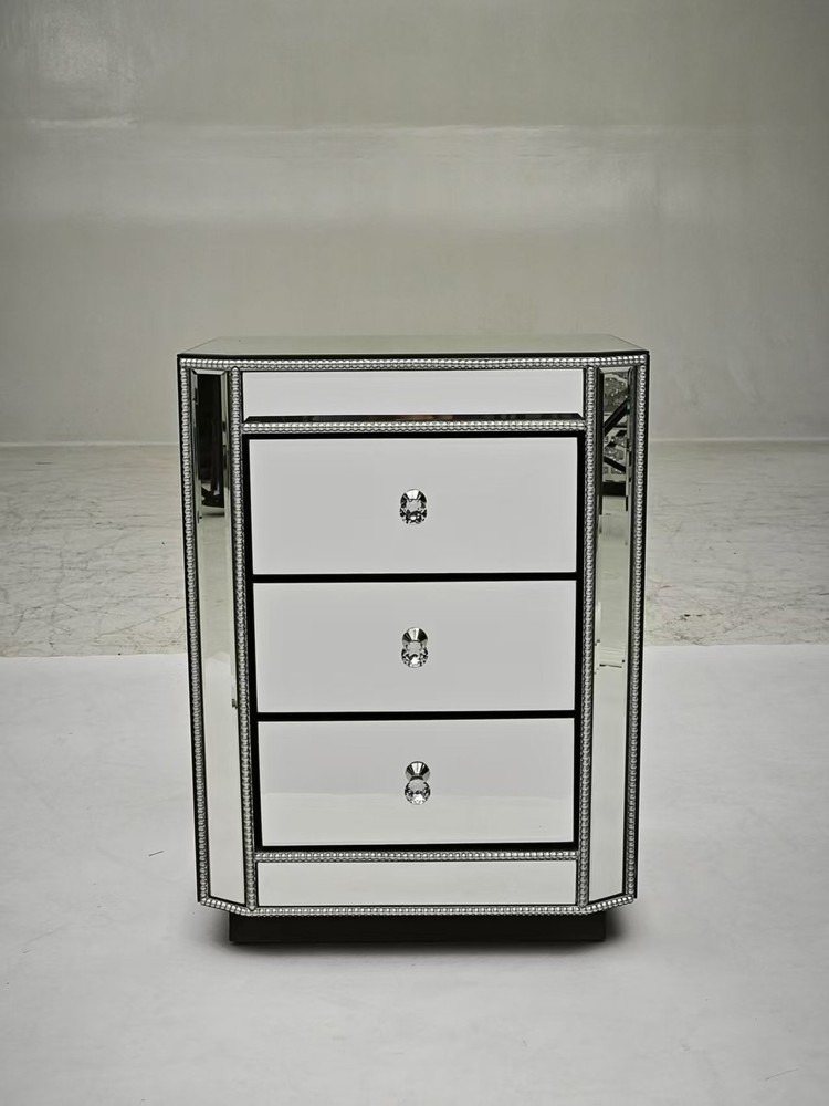 3-Drawer Mirrored Nightstand Bedside Table, Modern End Side Table