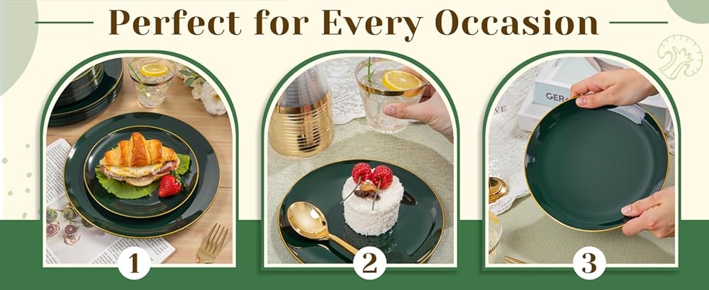 Green Plastic Plates - Green and Gold Disposable Include 25 Each