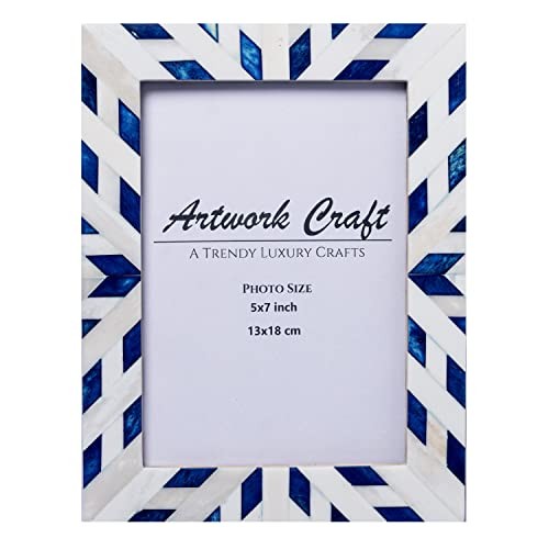 Boho 5x7 Bone Photo Frame – Handcrafted Aztec Chevron Pattern | 5x7 Inches Blue