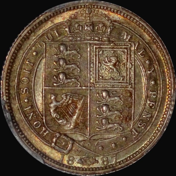 PCGS MS64 1887 Great Britain 6 Pence Shield Rev - toned!