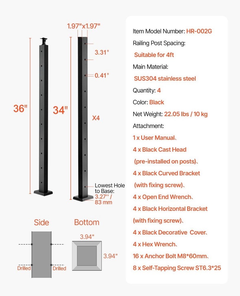 Cable Railing Post Railing Column 36"x2"x2" Level drilled Post Adjustable Top