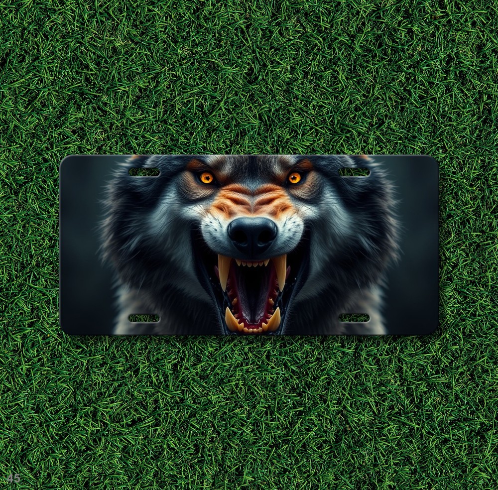 Hyperrealistic Wolf License Plate with Fangs Custom Front Plate Gift Idea