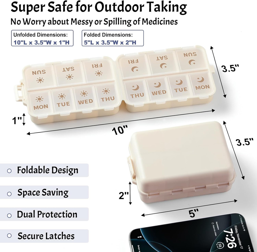 New Foldable & Portable Weekly Pill Organizer 2 Times a Day with Etched Label...