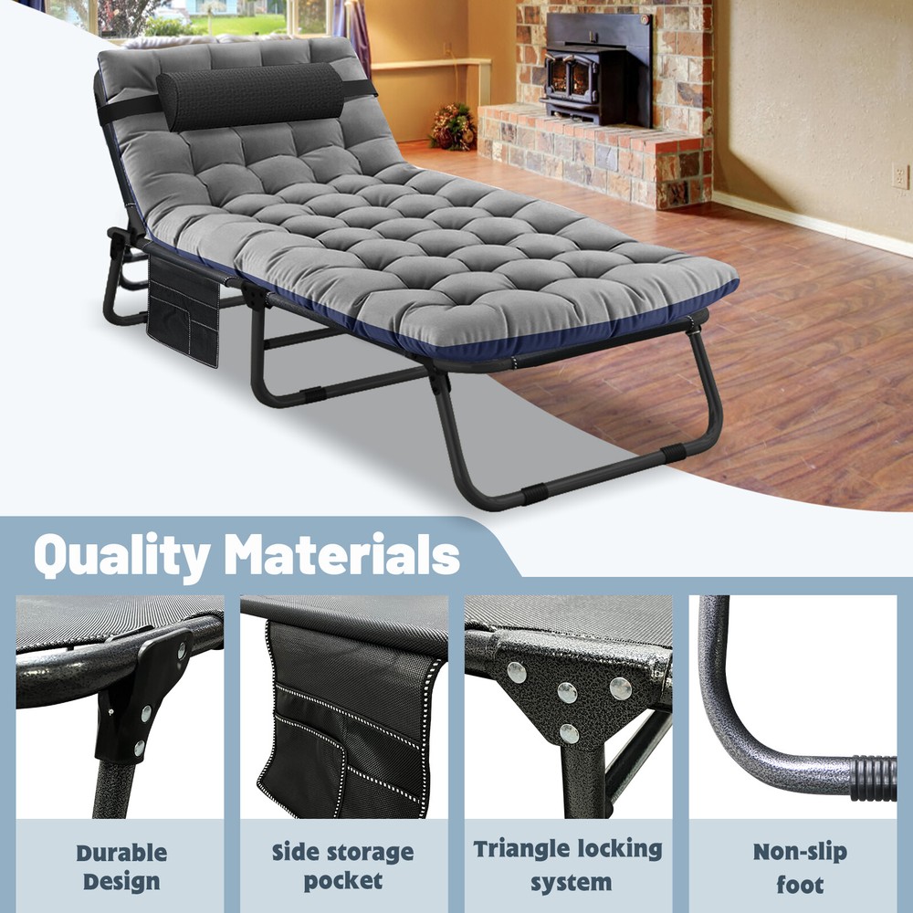 SLSY Folding Camping Cot Adjustable 4-Position Reclining Chaise Pillow Mattress