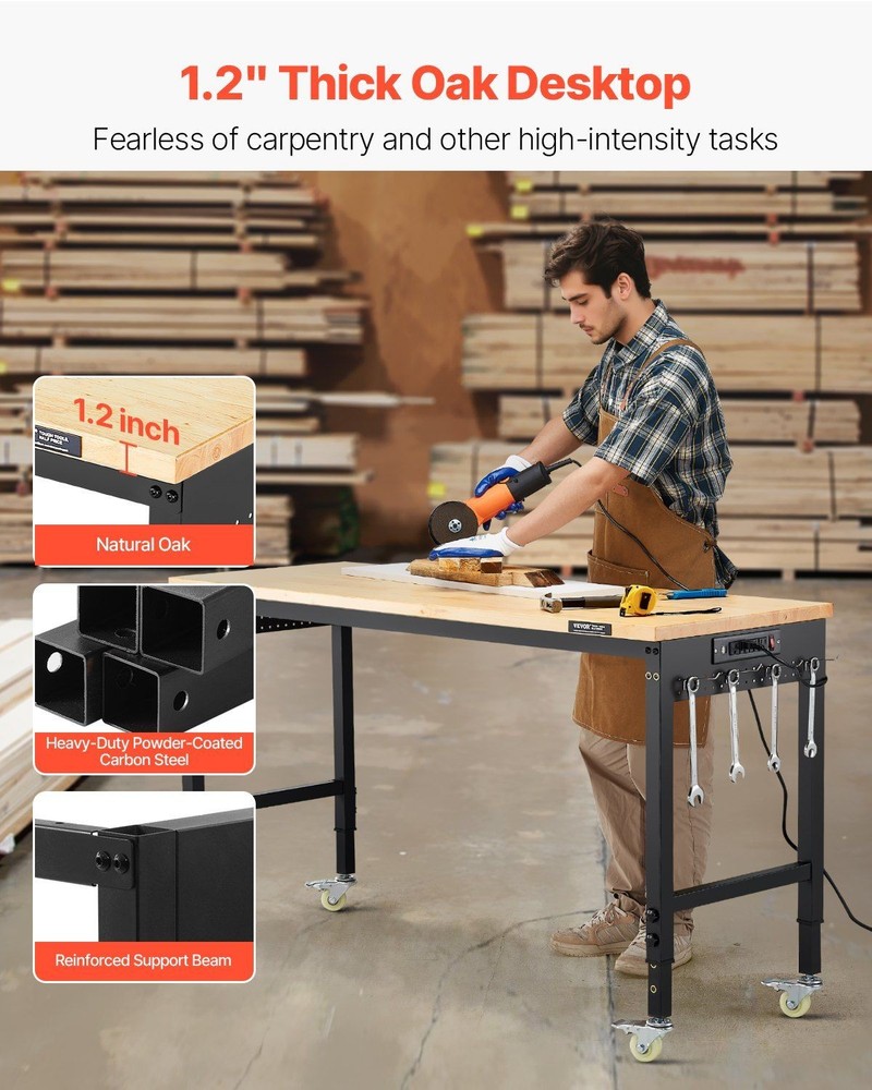 60in Modular Workbench 2000lb Capacity Adjustable Height Oak Top Power Outlets