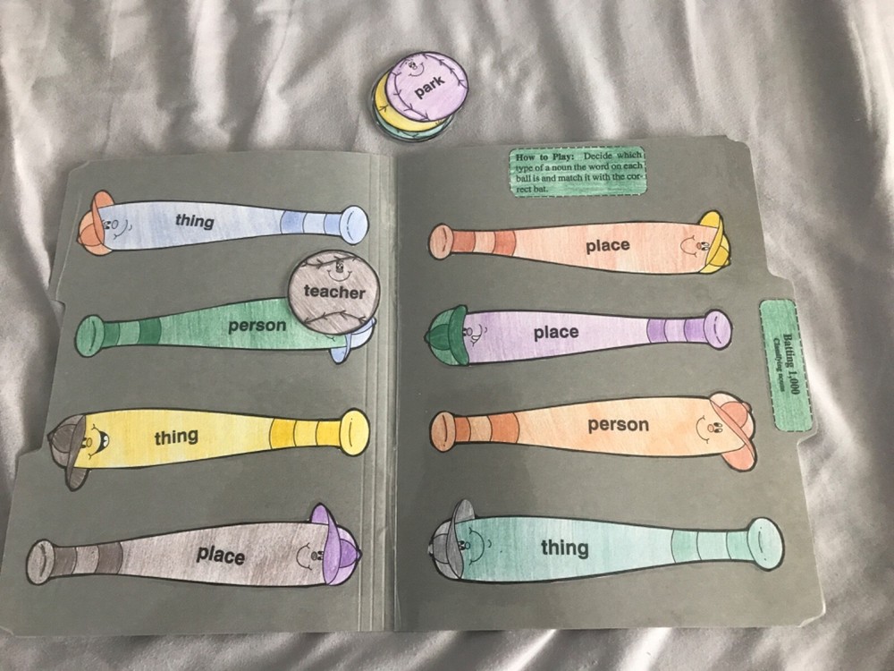 Batting 1,000! Classifying Nouns 1st Grade language arts file folder game