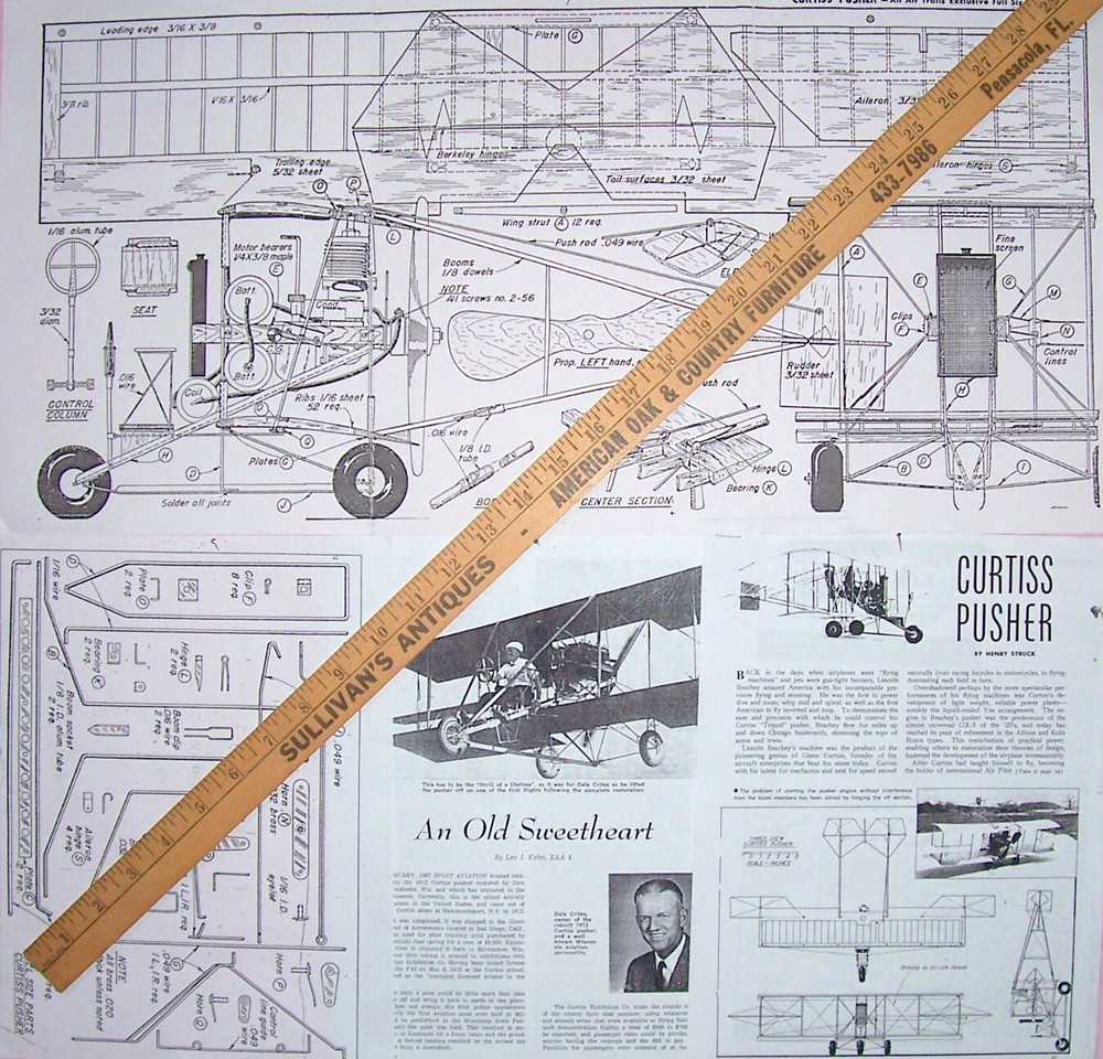 Air Trails CURTISS PUSHER PLANS + PATTERNS & ARTICLE for UC Model Airplane