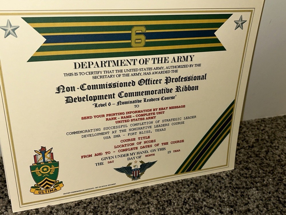 NCO PROFESSIONAL DEVELOPMENT LV-6 COMMEMORATIVE CERTIFICATE ~ W/PRINTING TYPE-1
