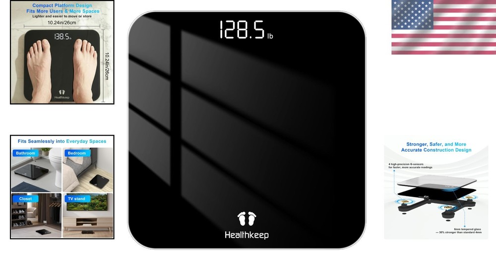 Compact Digital Bathroom Scale with 4-Sensor Accuracy: Safe, Durable & Stylish