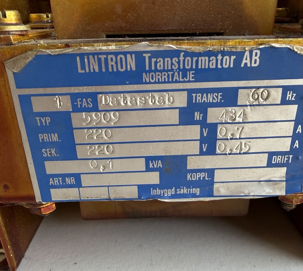 Lintron Transformator AB 1-FAS Datastab