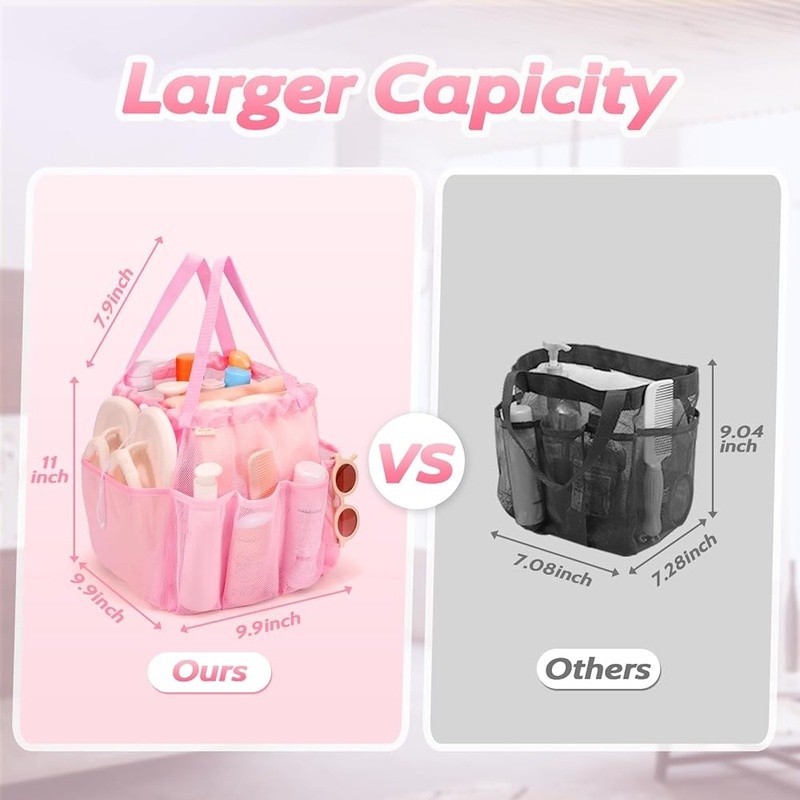 Portable Shower Caddy Drawstring Closure 8 Pockets Quick Dry Mesh Dorm Camping
