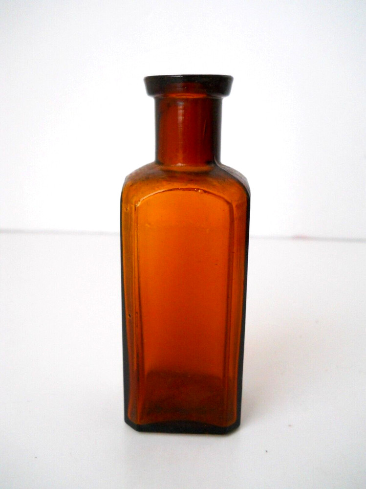Vintage Amber Brown Square Glass Bottle 4"