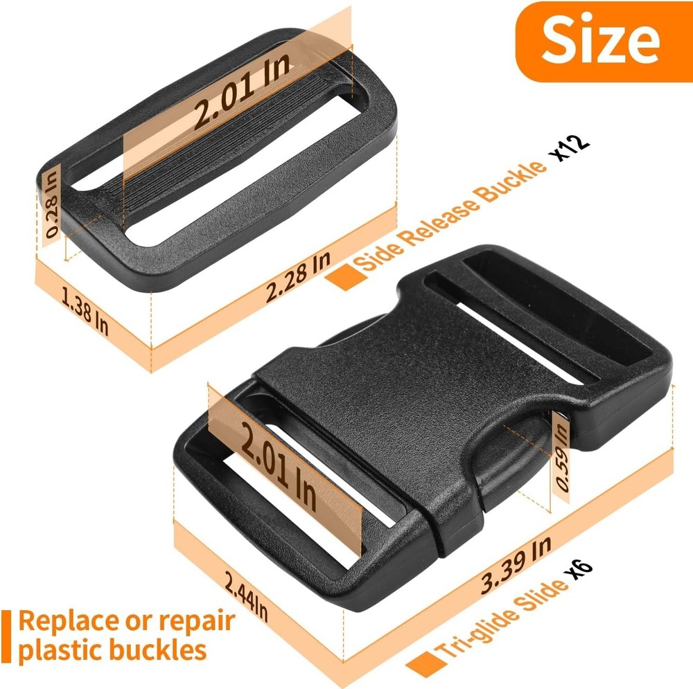 Durable 2" Strap and Buckle Set - 6 Heavy-Duty Plastic Clips & Webbing