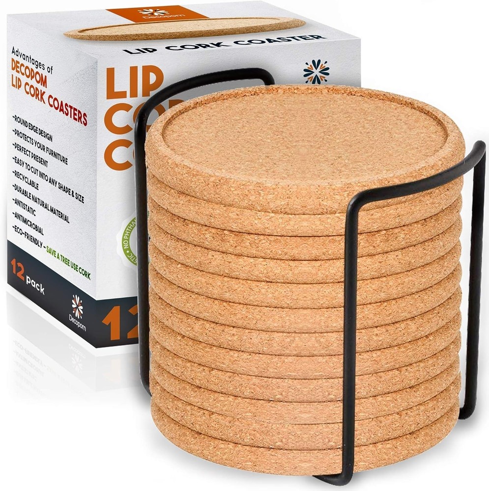 Cork Coasters with Lip for Drinks Absorbent | 12 Set 4 Inch Thick Rustic Sauc...