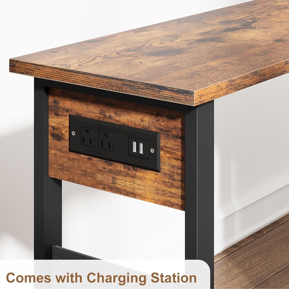 Rotating End Table With Charging Station Sofa Side Table With Extra Storage Bag