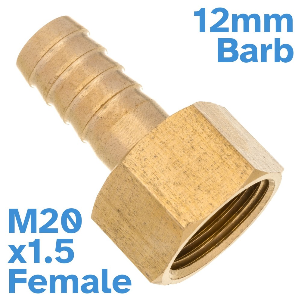 Brass 12mm Barb Hose To M20 x1.5 Female Threaded Pipe Fitting Connector Thread