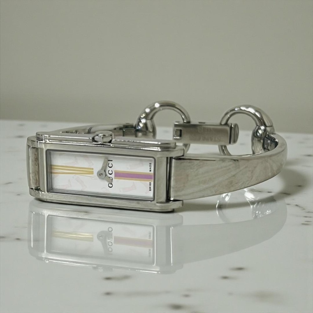 Gucci 109 Watch Bangle Timepiece Striped Boots Pattern Silver Stainless