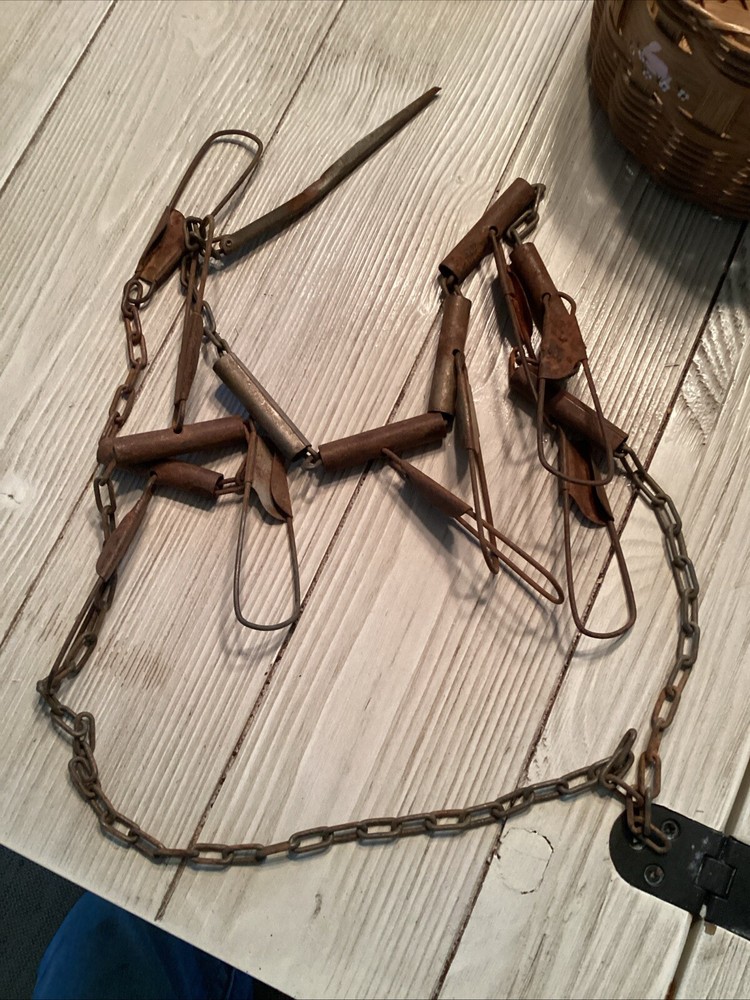 Vtg Metal Chain Link Fish Stringer 9 Snap Loop Clips