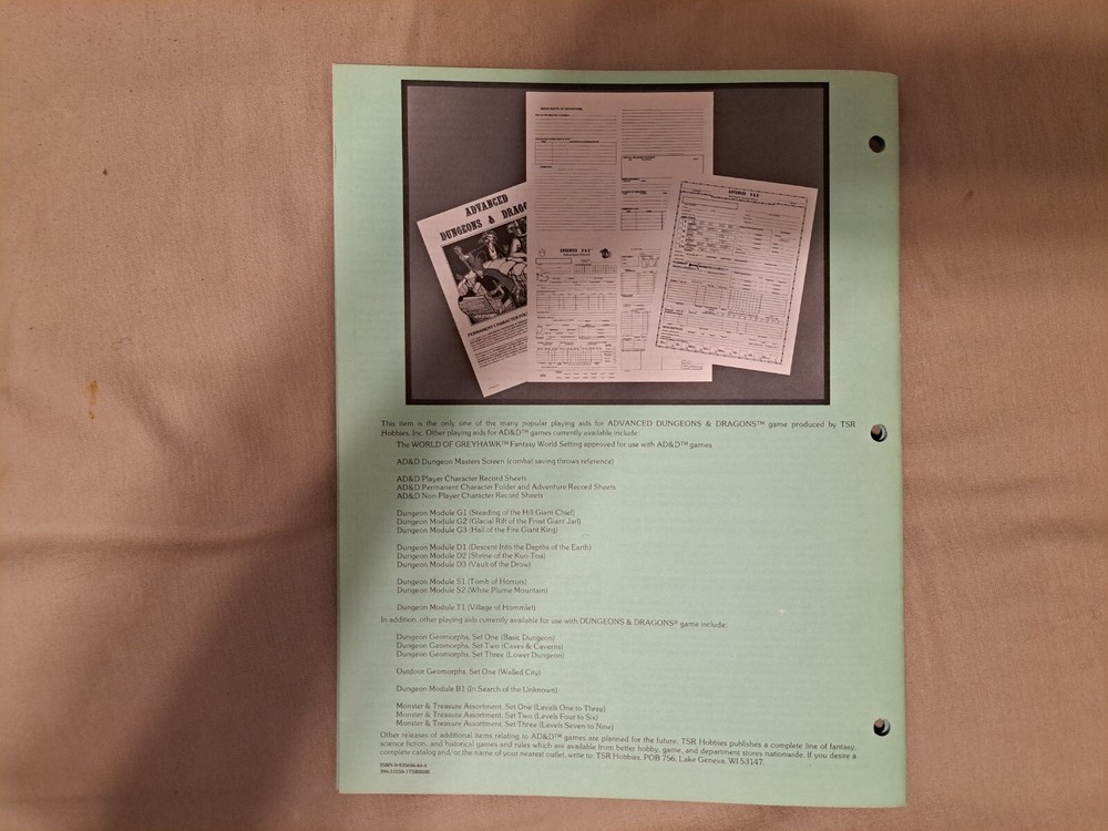 TSR AD&D Permanent Character Folder And Aventure Records