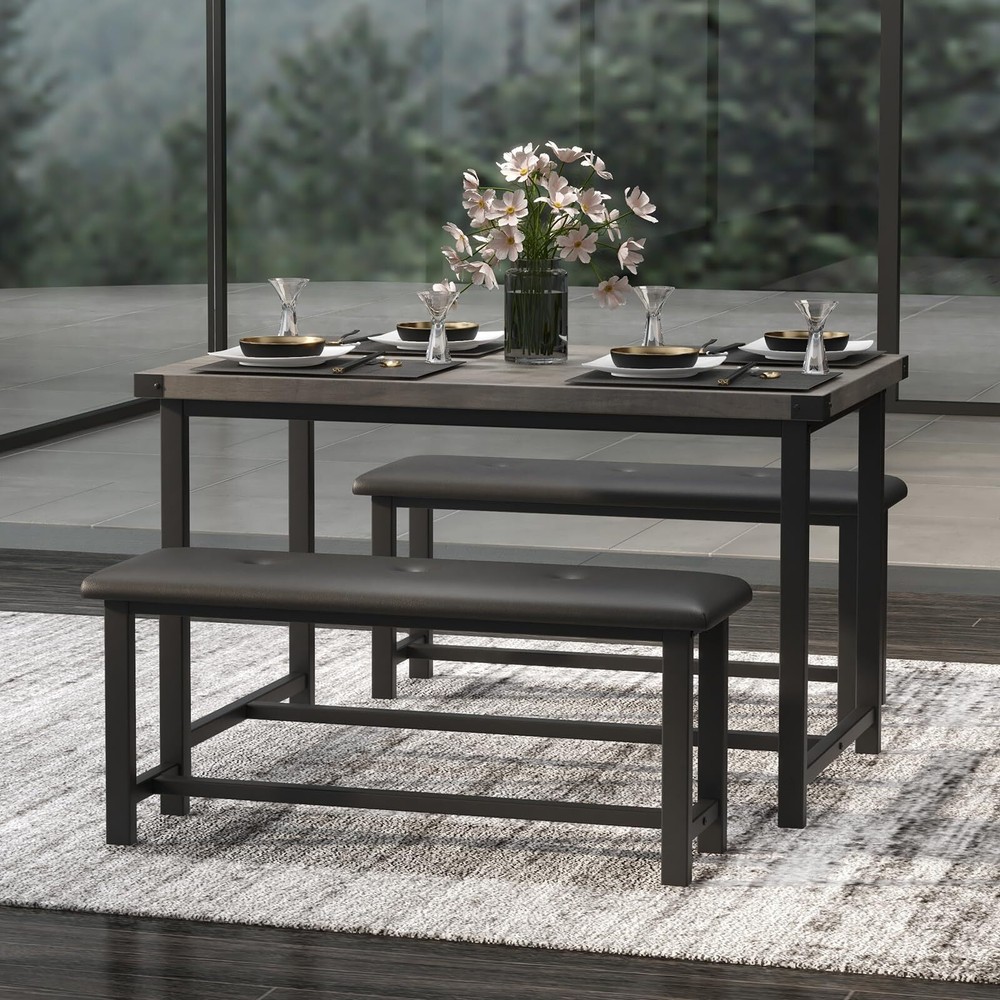 🔥🔥Dining Table Set Kitchen Table with 2 Upholstered Benches 3 Piece Dining Set