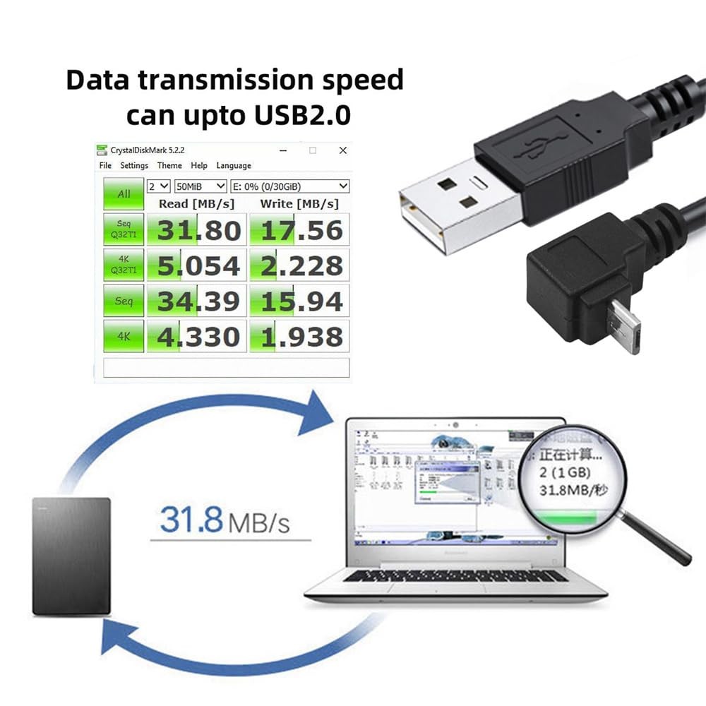 UP Down Angled 90 Degree Micro USB 2.0 Type 5Pin to USB 2.0 Type-A Data Char...