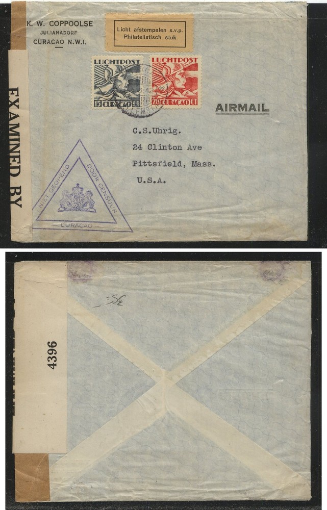 Curacao   nice  double  censor  cover  to  US    MS0125