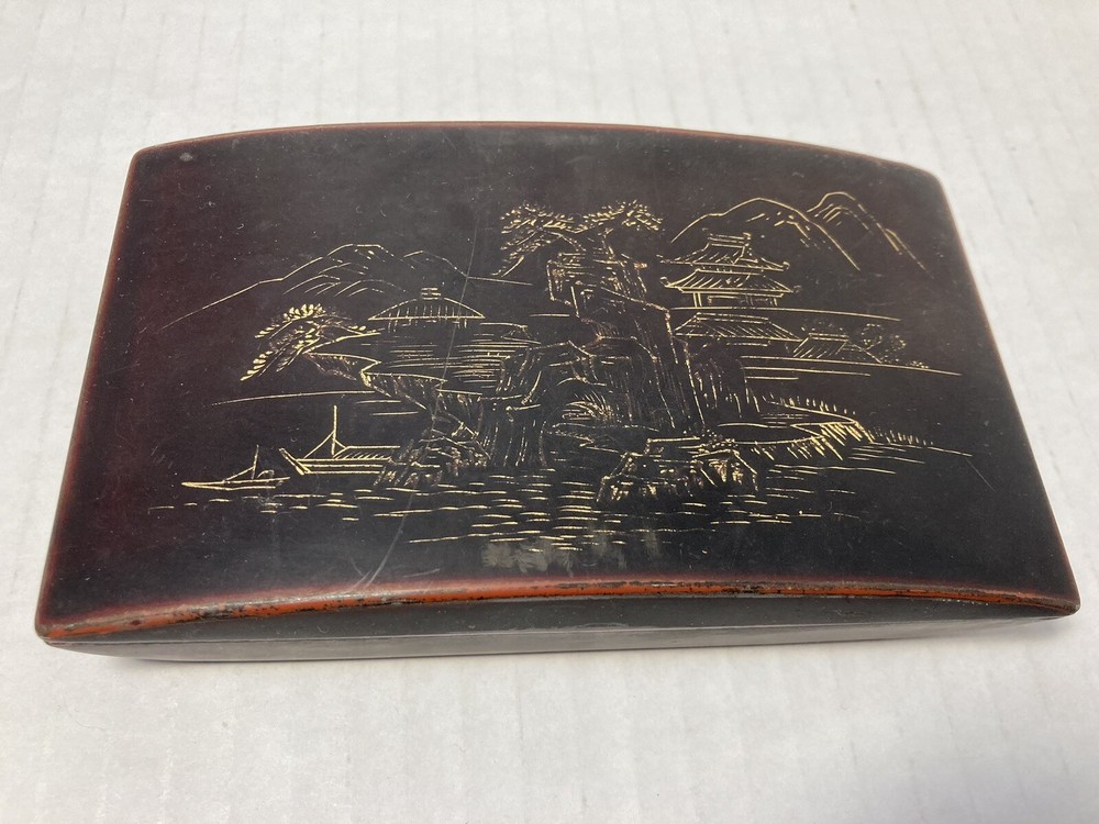 Maruni Lacquerware Coffee Table Cigarette Box, 2 Ashtrays Occupied Japan Signed